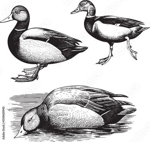 Two stylized ducks are depicted in a detailed black and white .