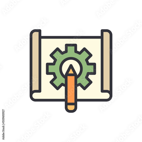 Illustration Of Blueprint With Gear And Pencil Isolated On Transparent
