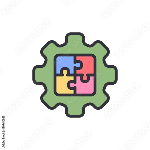 Colorful Puzzle Pieces Interlocked Inside Gear Wheel Illustration