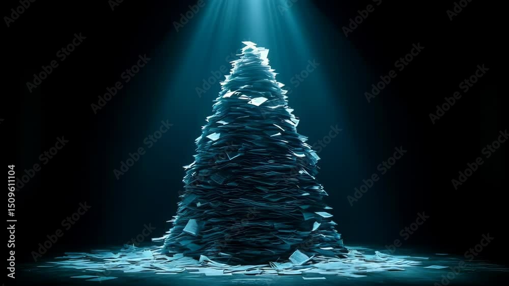A towering pile of disorganized papers illuminated by a spotlight in a dark room, symbolizing chaos