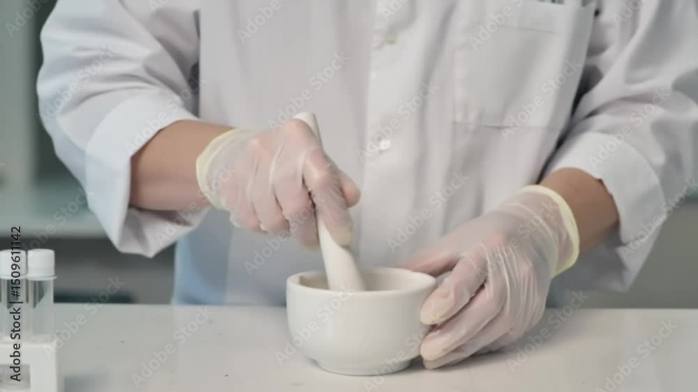 Closeup of hands grinding medicine with mortar and pestle, pharmacist preparing treatment in lab environment