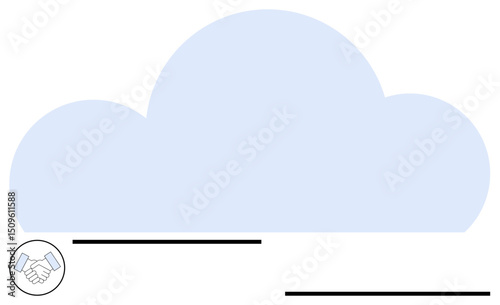 Large blue cloud paired with handshake icon and horizontal lines. Ideal for teamwork, cloud computing, networking, collaboration, data sharing, communication, digital transformation. Flat simple