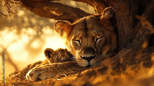 A gentle lioness nuzzling her cub under an acacia tree, warm and soft lighting, minimal background, cinematic close-up, ultra HD quality 