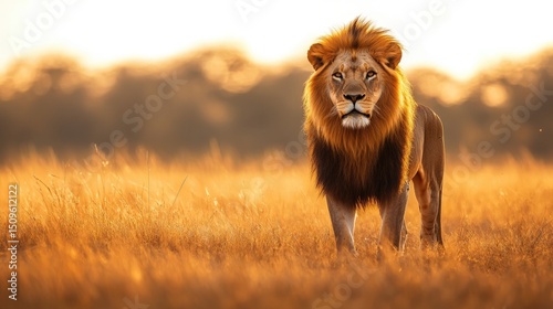 A majestic male lion standing in the golden savanna, soft sunlight highlighting its mane, minimal background, clean and crisp lighting, ultra-realistic details 