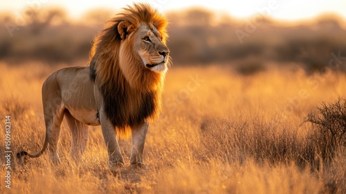 A majestic male lion standing in the golden savanna, soft sunlight highlighting its mane, minimal background, clean and crisp lighting, ultra-realistic details 