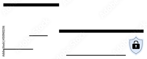 Redacted document with black lines covering text and shield lock icon for data security. Ideal for privacy, confidentiality, data protection, cybersecurity, encryption, redaction, compliance. Flat
