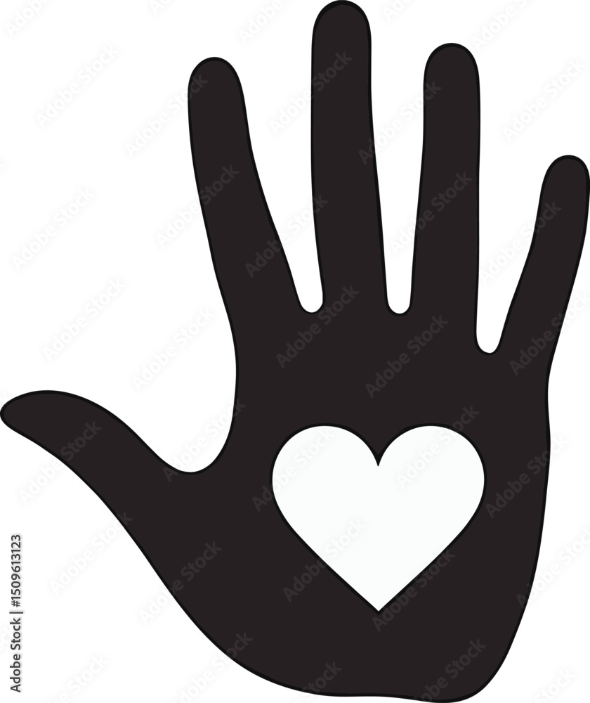 Obraz premium Silhouette of a black hand with a heart shape cutout in the palm. Vector clip art icon, isolated on transparent background. Symbol of care, charity, and kindness 