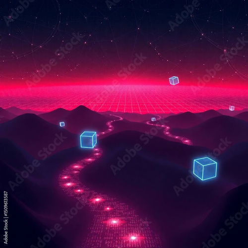 Isekai Anime Style Digital Landscape with Glowing Grid and Floating Data Cubes

