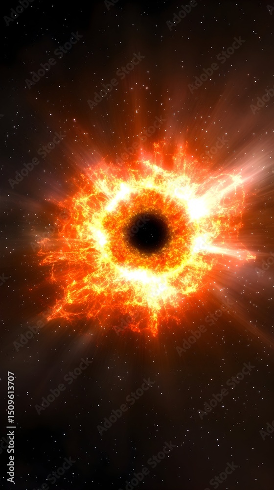 Fototapeta premium Fiery cosmic explosion, ring of intense orange and yellow flames surrounding a dark void against a star-dusted backdrop