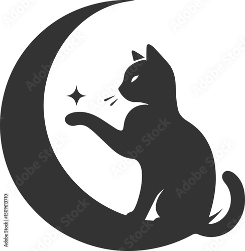 A cute cat sitting on moon black vector animal silhouette drawing