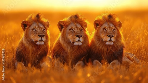 A pride of lions resting in the golden grass, warm afternoon light, soft focus background, minimal distractions, ultra-realistic wildlife composition 