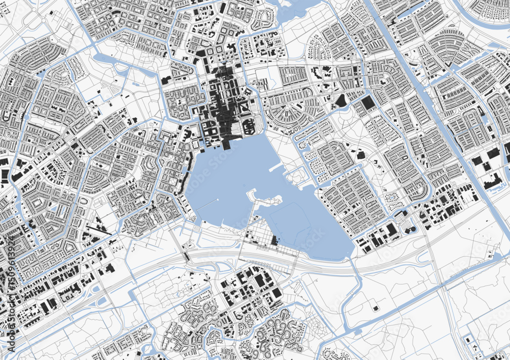 Obraz premium Zoomed-In Vector Map of Almere – Detailed Highways, Buildings, and Waterways Layout for Close-Up Urban Planning and GIS Analysis