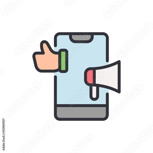 Concept Of Mobile Marketing With Thumb Up And Megaphone Icon Design