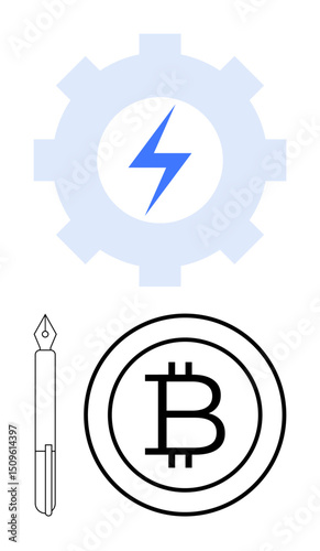 Gear with a lightning bolt, a fountain pen, and a Bitcoin coin. Ideal for innovation, cryptocurrency, blockchain, fintech, technology, creative solutions digital economy flat simple metaphor
