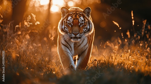 A regal Bengal tiger walking through tall grass, golden hour lighting, soft focus on background, ultra-detailed fur texture, minimal distractions, professional wildlife photography 