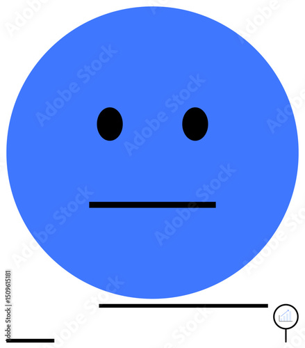 Blue circular face with minimalistic neutral expression, surrounded by small lines and a magnifying lens near a tiny bar graph. Ideal for analytics, emotion, observation, simplicity, research