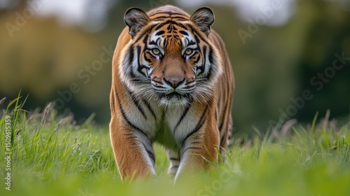 A regal Bengal tiger walking through tall grass, golden hour lighting, soft focus on background, ultra-detailed fur texture, minimal distractions, professional wildlife photography 