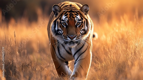 A regal Bengal tiger walking through tall grass, golden hour lighting, soft focus on background, ultra-detailed fur texture, minimal distractions, professional wildlife photography 