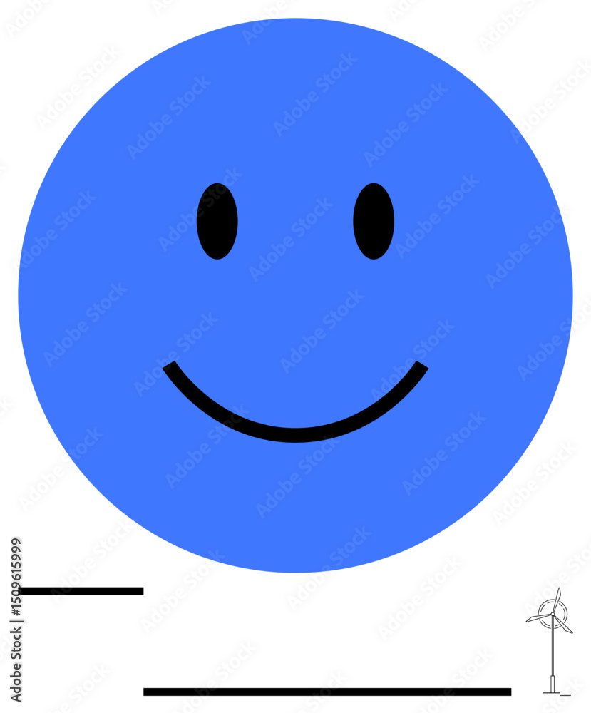 Fototapeta premium Large blue circle with a black smiling face, abstract lines, and a small wind turbine. Ideal for happiness, sustainability, simplicity, energy, eco-friendliness positivity innovative ideas. Flat