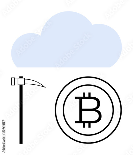 Bitcoin emblem alongside a mining pickaxe beneath a cloud element. Ideal for cryptocurrency, blockchain, digital economy, cloud services, fintech, decentralized finance, modern technology. Flat