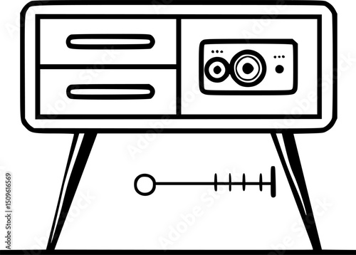 A stylized black and white nightstand with two drawers and a speaker system on the side