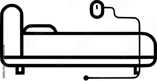 Black and white line drawing of a hospital bed with an IV drip attached