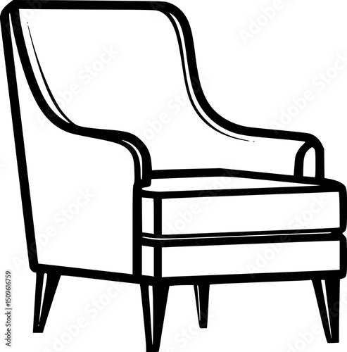 Black and white line drawing of an upholstered armchair