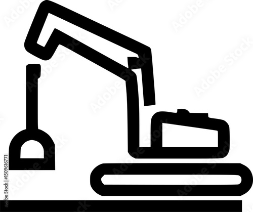 Black outline excavator with boom and shovel resting on a line stylized