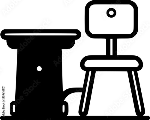 Graphic shows a desk and chair black silhouettes with white outlines cartoonlike style simple design