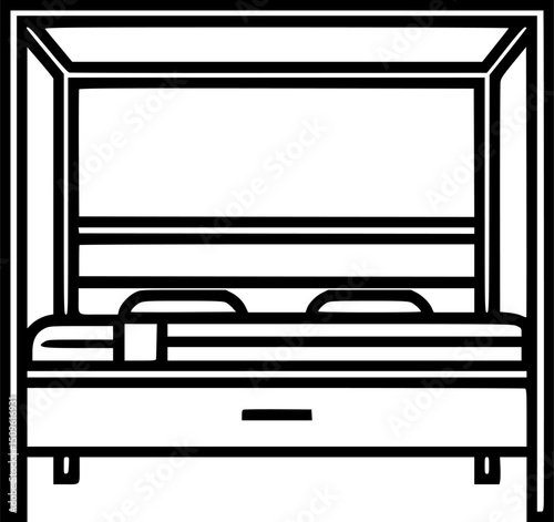Line drawing of a fourposter bed with pillows mattress frame and a drawer