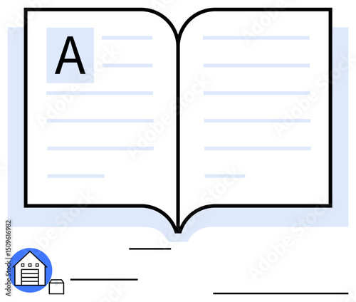 Open book with large A on the left page surrounded by light lines, representing text. Small warehouse and file icon below. Ideal for education, learning, literature, storage, productivity