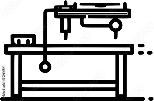 Outline of a machine on a table with pipes and a hanging element