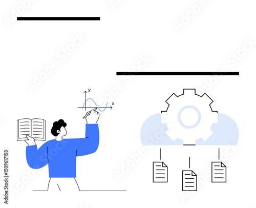 Person drawing graph while holding a book next to cloud with a gear connected to documents. Ideal for education, analytics, cloud computing, workflow automation, innovation, organization, digital