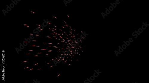 Explosion of light. Red particles. Motion of particles. Partials explosion. Video with alpha channel. Transparent background. Geometric shapes. Rays. Transition.