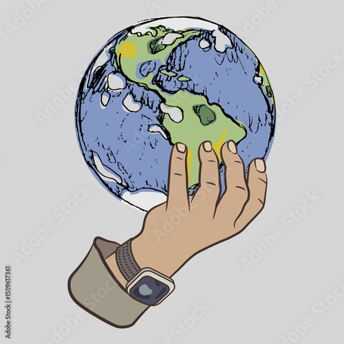 Human hand wearing wrist watch holding planet earth. Creative global concept.