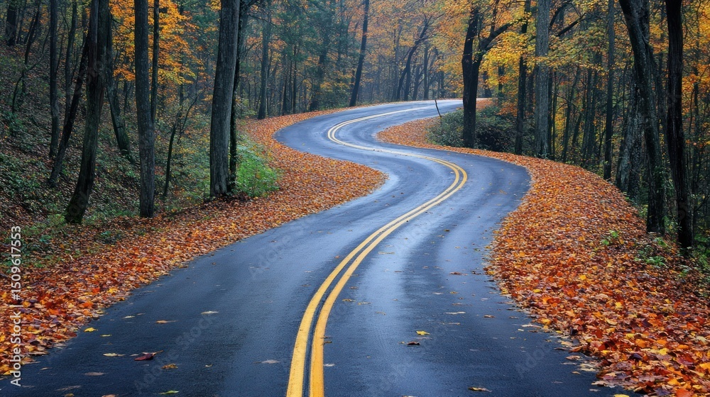 Fototapeta premium Winding road through autumn forest