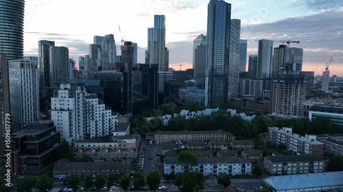 Central Business District Towers of London's Docklands Isle of Dogs, Crane up shot, London UK