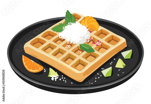 Plate of Waffle with Fruit Tropical Topping - Vector Illustration