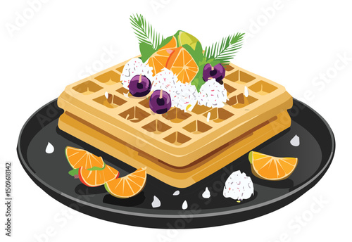 Waffle with tropical fruits topping on plate - vector illustration