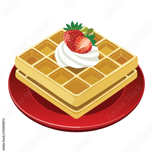 Waffle with Strawberries and Whipped Cream on Plate - Vector Illustration