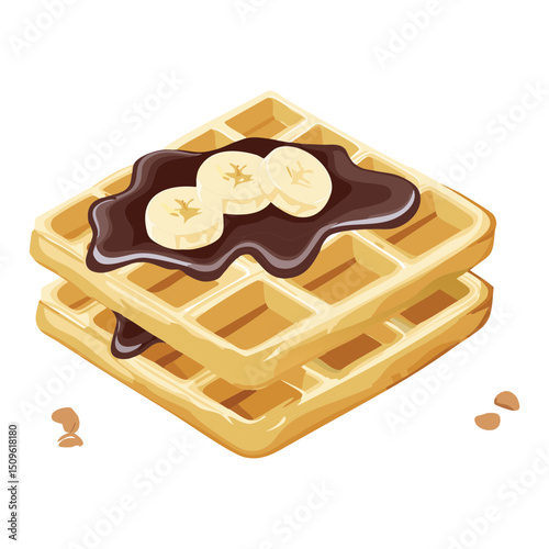 Breakfast food waffle with banana chocolate topping - vector illustration