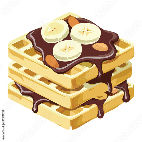 Stack of Waffle with banana chocolate syrup topping - vector illustration