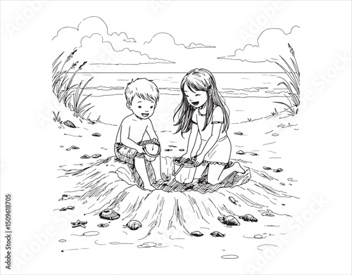 A sketch of a little boy and girl having fun in a hole they made in the sand

