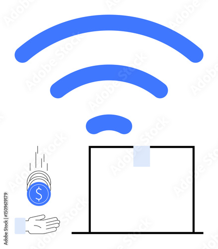 wireless signal above a laptop with coins dropping into an open hand, symbolizing online payments or subscription. Ideal for technology, internet, finance, services, connectivity, communication
