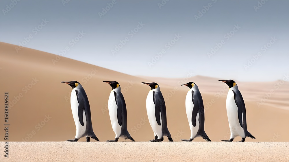 Obraz premium Penguins marching through a surreal desert landscape