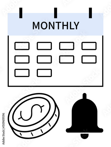 Calendar highlighting monthly organization, dollar coin symbol for savings, and bell for notifications. Ideal for finance, reminders, budgeting, time management, planning, alerts simple landing page