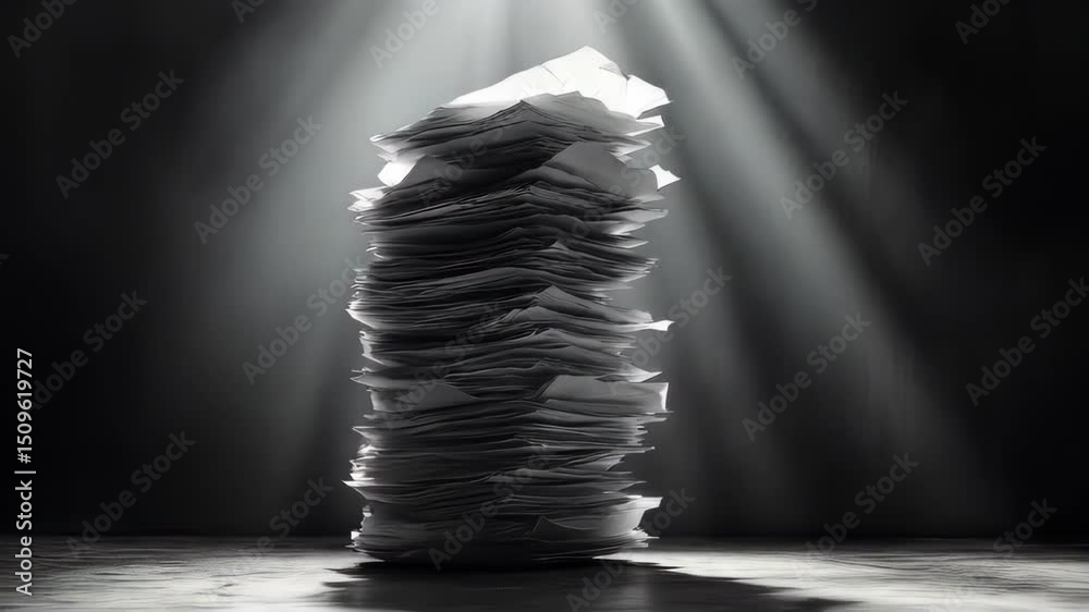 A towering stack of papers illuminated by dramatic light in a dark setting, symbolizing chaos