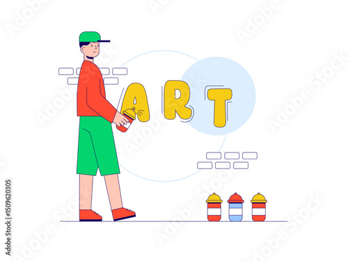 Young boy drawing on a wall, illegal mural art. Craft illustration. Character design. Flat vector illustration.