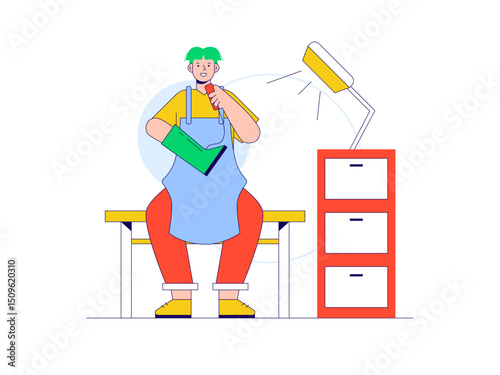 Man is sitting sewing shoes. Craft illustration. Character design. Flat vector illustration.