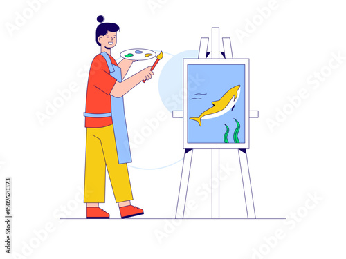 Woman painting a beautiful fish. Craft illustration. Character design. Flat vector illustration.
